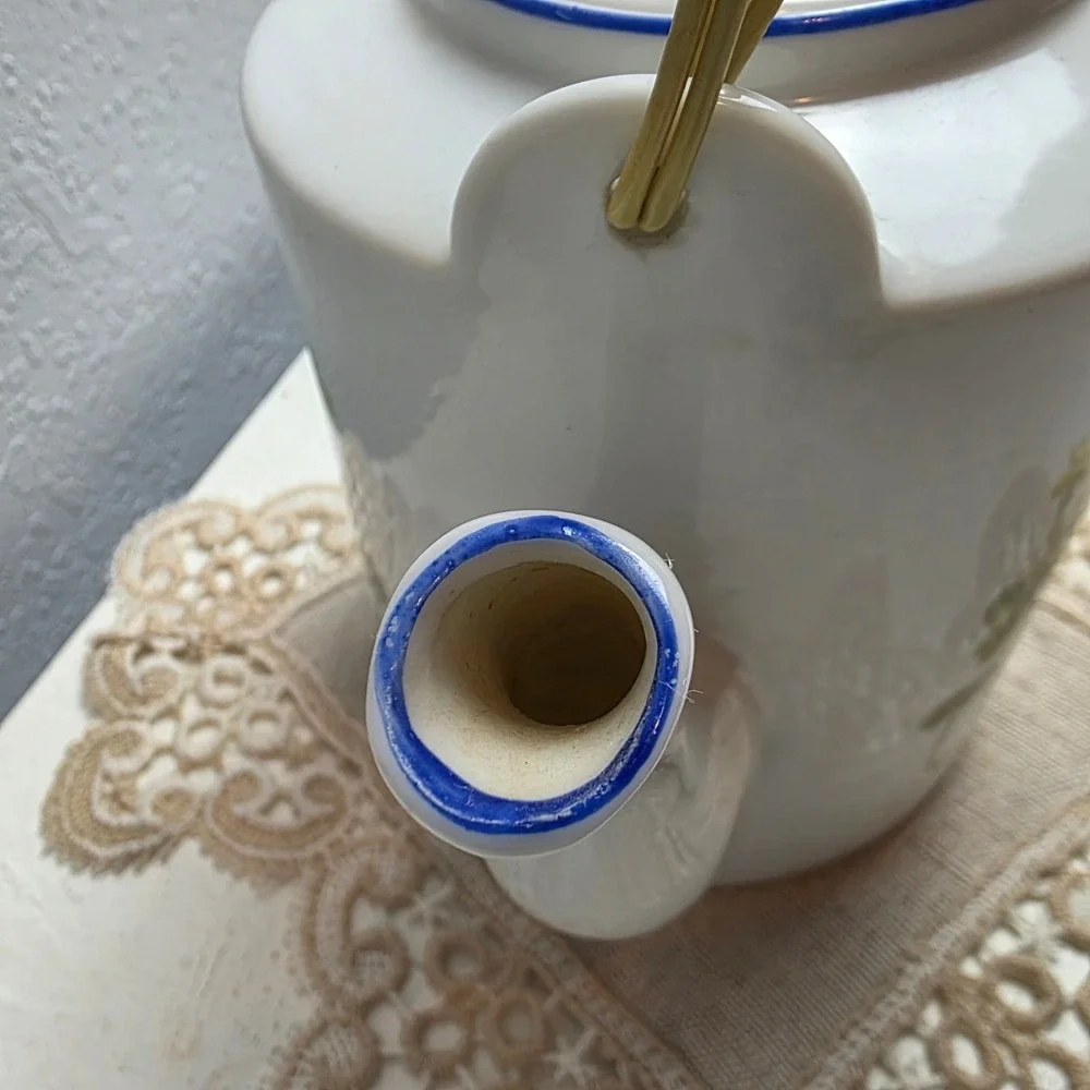 Vintage Ceramic Botanica Teapot Yellow Floral Clover Blue Trim Lid Rattan Handle